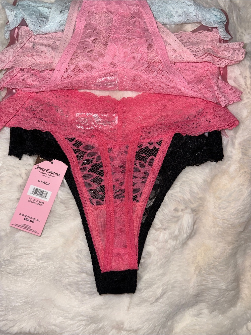 5 pack Juicy Couture Lace Thong Pack in Black and Pink Shades - Picture 6 of 7